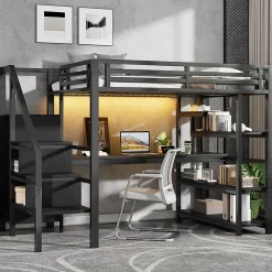 Lit Mezzanine 140x200 cm - avec Bureau Intégré et Rangement, LED et Ports USB - Métal - Noir