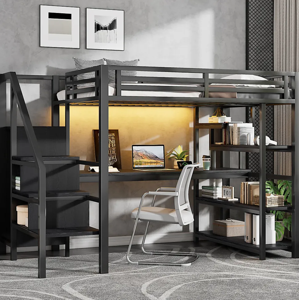 Lit Mezzanine 140x200 cm - avec Bureau Intégré et Rangement, LED et Ports USB - Métal - Noir