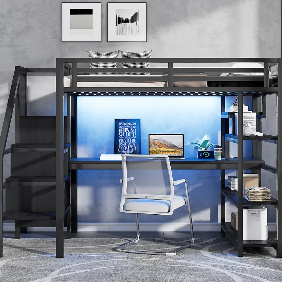 Lit Mezzanine 140x200 cm - avec Bureau Intégré et Rangement, LED et Ports USB - Métal - Noir