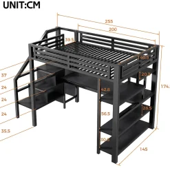 Lit Mezzanine 140x200 cm - avec Bureau Intégré et Rangement, LED et Ports USB - Métal - Noir