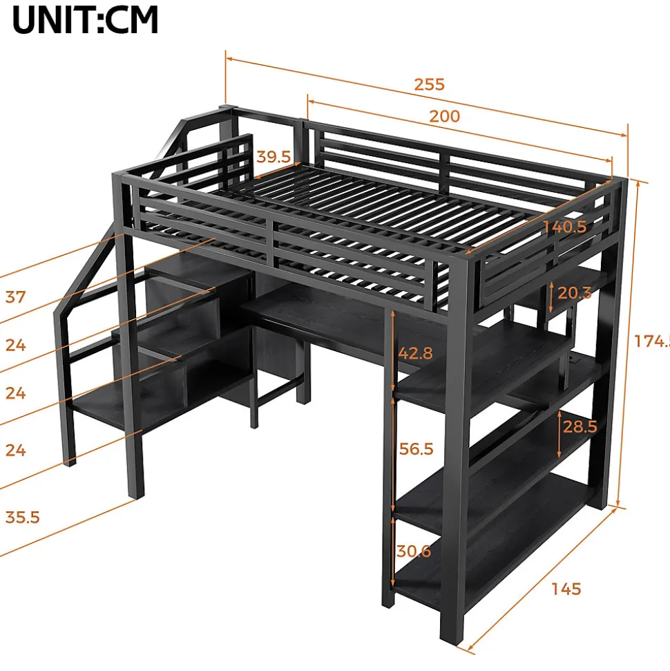 Lit Mezzanine 140x200 cm - avec Bureau Intégré et Rangement, LED et Ports USB - Métal - Noir