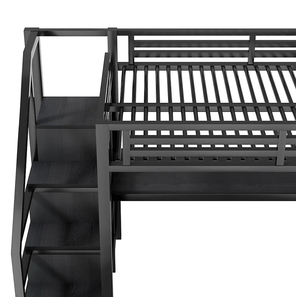 Lit Mezzanine 140x200 cm - avec Bureau Intégré et Rangement, LED et Ports USB - Métal - Noir
