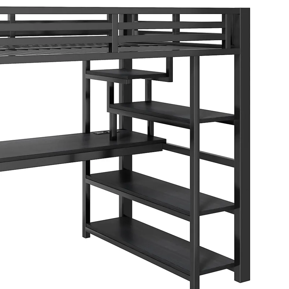 Lit Mezzanine 140x200 cm - avec Bureau Intégré et Rangement, LED et Ports USB - Métal - Noir