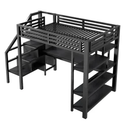 Lit Mezzanine 140x200 cm - avec Bureau Intégré et Rangement, LED et Ports USB - Métal - Noir