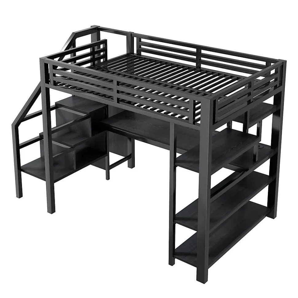 Lit Mezzanine 140x200 cm - avec Bureau Intégré et Rangement, LED et Ports USB - Métal - Noir
