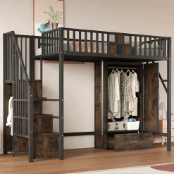 Lit Mezzanine 90x200 cm - avec Armoire, Tiroirs et Échelle de Rangement, Garde-Corps Sécurisé, Métal Noir