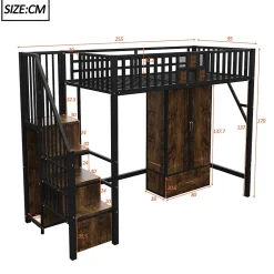 Lit Mezzanine 90x200 cm - avec Armoire, Tiroirs et Échelle de Rangement, Garde-Corps Sécurisé, Métal Noir