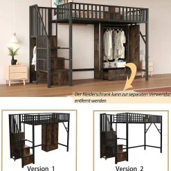Lit Mezzanine 90x200 cm - avec Armoire, Tiroirs et Échelle de Rangement, Garde-Corps Sécurisé, Métal Noir