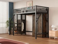 Lit Mezzanine 90x200 cm - avec Armoire, Tiroirs et Échelle de Rangement, Garde-Corps Sécurisé, Métal Noir