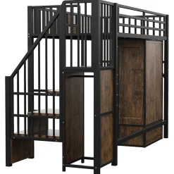 Lit Mezzanine 90x200 cm - avec Armoire, Tiroirs et Échelle de Rangement, Garde-Corps Sécurisé, Métal Noir