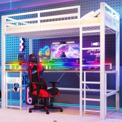 Lit Mezzanine 90x200 cm - Bureau Intégré, Éclairage LED Réglable et Panneau Perforé - USB, Type-C et 2 Prises - Métal + MDF Blanc