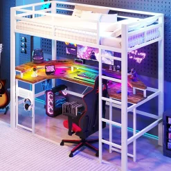 Lit Mezzanine 90x200 cm - Bureau Intégré, Éclairage LED Réglable et Panneau Perforé - USB, Type-C et 2 Prises - Métal + MDF Blanc