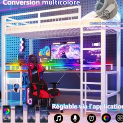 Lit Mezzanine 90x200 cm - Bureau Intégré, Éclairage LED Réglable et Panneau Perforé - USB, Type-C et 2 Prises - Métal + MDF Blanc