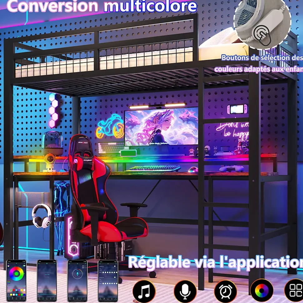 Lit Mezzanine 90x200 cm - Bureau Intégré, Éclairage LED Réglable et Panneau Perforé - USB, Type-C et 2 Prises - Métal + MDF - Noir