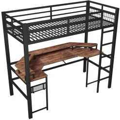 Lit Mezzanine 90x200 cm - Bureau Intégré, Éclairage LED Réglable et Panneau Perforé - USB, Type-C et 2 Prises - Métal + MDF - Noir