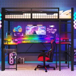 Lit Mezzanine 90x200 cm - Bureau Intégré, Éclairage LED Réglable et Panneau Perforé - USB, Type-C et 2 Prises - Métal + MDF - Noir