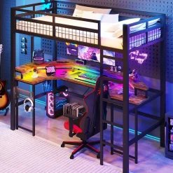 Lit Mezzanine 90x200 cm - Bureau Intégré, Éclairage LED Réglable et Panneau Perforé - USB, Type-C et 2 Prises - Métal + MDF - Noir