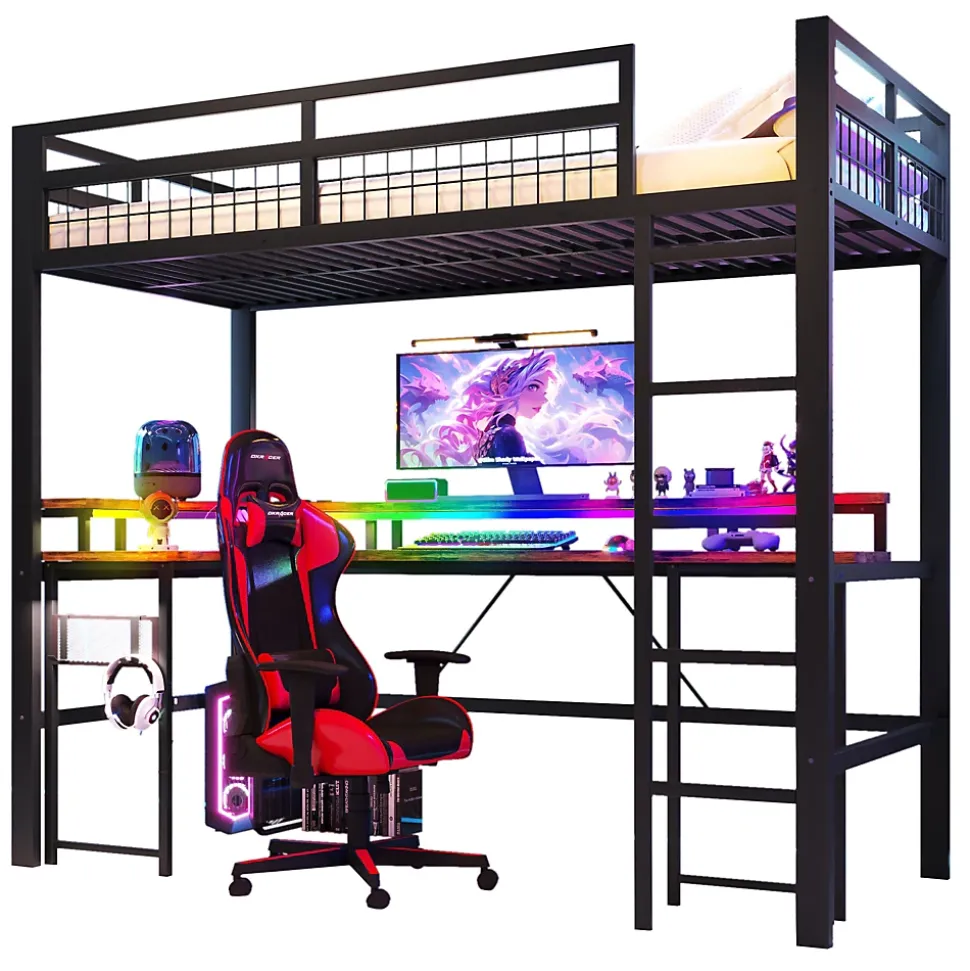 Lit Mezzanine 90x200 cm - Bureau Intégré, Éclairage LED Réglable et Panneau Perforé - USB, Type-C et 2 Prises - Métal + MDF - Noir