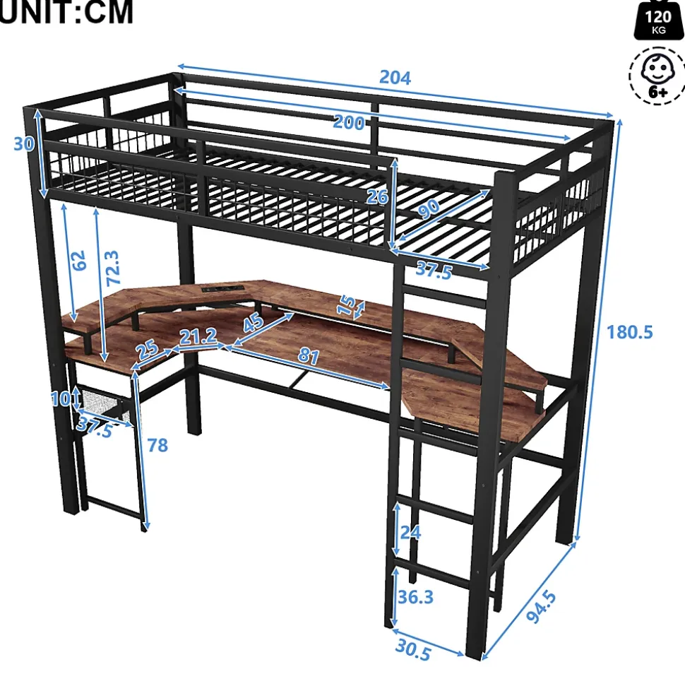 Lit Mezzanine 90x200 cm - Bureau Intégré, Éclairage LED Réglable et Panneau Perforé - USB, Type-C et 2 Prises - Métal + MDF - Noir
