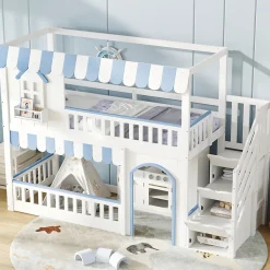 Lit mezzanine 90x200 cm - escalier avec rangement - avec sommier à lattes - bois massif + MDF - Blanc + Bleu (sans matelas)