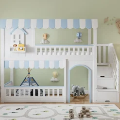 Lit mezzanine 90x200 cm - escalier avec rangement - avec sommier à lattes - bois massif + MDF - Blanc + Bleu (sans matelas)