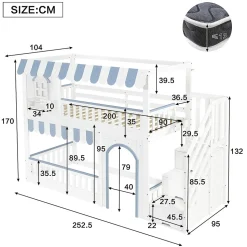 Lit mezzanine 90x200 cm - escalier avec rangement - avec sommier à lattes - bois massif + MDF - Blanc + Bleu (sans matelas)