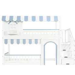 Lit mezzanine 90x200 cm - escalier avec rangement - avec sommier à lattes - bois massif + MDF - Blanc + Bleu (sans matelas)