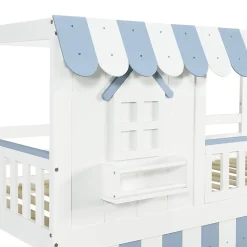 Lit mezzanine 90x200 cm - escalier avec rangement - avec sommier à lattes - bois massif + MDF - Blanc + Bleu (sans matelas)