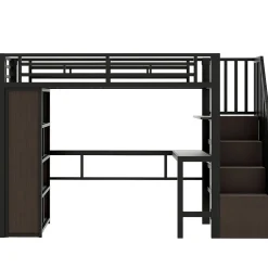 Lit Mezzanine 90x200 cm - LED Intégrée, Bureau et Rangements avec Escalier de Rangement, Métal/MDF, Noir