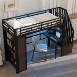 Lit Mezzanine 90x200 cm - LED Intégrée, Bureau et Rangements avec Escalier de Rangement, Métal/MDF, Noir