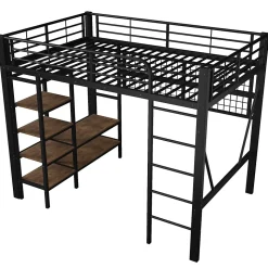 Lit Mezzanine 140x200 cm - LED Intégrée, Étagères et Rangements avec Portant Vêtements, Espace Ouvert sous Lit, Métal/MDF, No