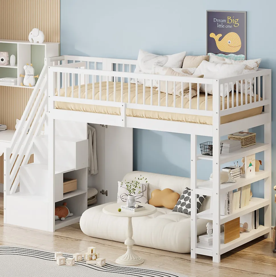 Lit mezzanine 90x200 cm - Lit ados avec clôture, penderie et étagères - Bois - Sans matelas - Blanc