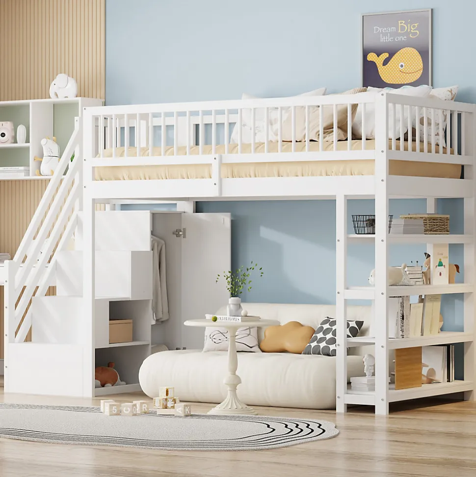 Lit mezzanine 90x200 cm - Lit ados avec clôture, penderie et étagères - Bois - Sans matelas - Blanc