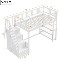 Lit mezzanine 90x200 cm - Lit ados avec clôture, penderie et étagères - Bois - Sans matelas - Blanc