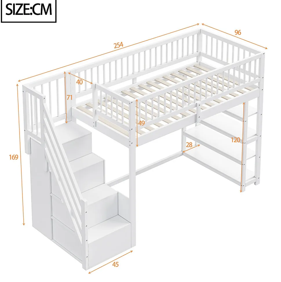 Lit mezzanine 90x200 cm - Lit ados avec clôture, penderie et étagères - Bois - Sans matelas - Blanc