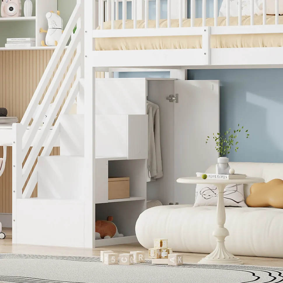 Lit mezzanine 90x200 cm - Lit ados avec clôture, penderie et étagères - Bois - Sans matelas - Blanc