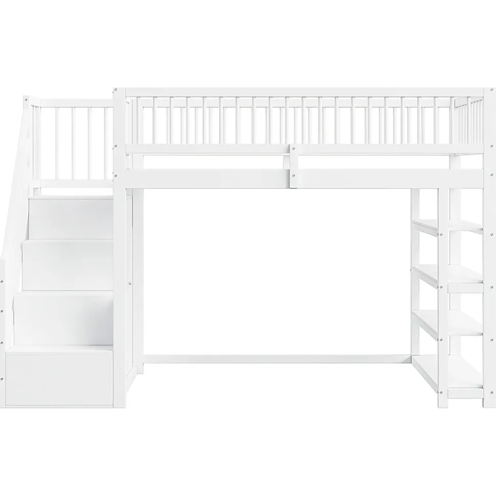 Lit mezzanine 90x200 cm - Lit ados avec clôture, penderie et étagères - Bois - Sans matelas - Blanc