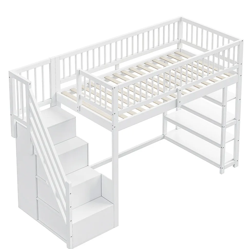 Lit mezzanine 90x200 cm - Lit ados avec clôture, penderie et étagères - Bois - Sans matelas - Blanc