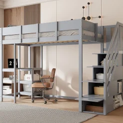 Lit mezzanine 90x200 cm - Lit avec rangement et étagère intégrée - Pin massif - Sans matelas - Gris