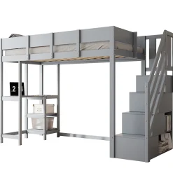 Lit mezzanine 90x200 cm - Lit avec rangement et étagère intégrée - Pin massif - Sans matelas - Gris