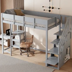 Lit mezzanine 90x200 cm - Lit avec rangement et étagère intégrée - Pin massif - Sans matelas - Gris