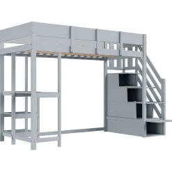 Lit mezzanine 90x200 cm - Lit avec rangement et étagère intégrée - Pin massif - Sans matelas - Gris