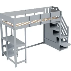 Lit mezzanine 90x200 cm - Lit avec rangement et étagère intégrée - Pin massif - Sans matelas - Gris