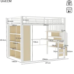 Lit Mezzanine 140x200 cm - Lit Ado avec Bureau Intégré, LED et Escalier de Rangement, Métal + MDF, Blanc
