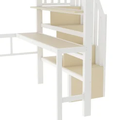 Lit Mezzanine 140x200 cm - Lit Ado avec Bureau Intégré, LED et Escalier de Rangement, Métal + MDF, Blanc