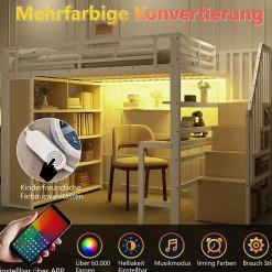 Lit Mezzanine 140x200 cm - Lit Ado avec Bureau Intégré, LED et Escalier de Rangement, Métal + MDF, Blanc