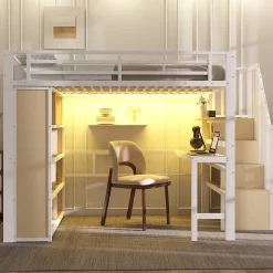 Lit Mezzanine 140x200 cm - Lit Ado avec Bureau Intégré, LED et Escalier de Rangement, Métal + MDF, Blanc