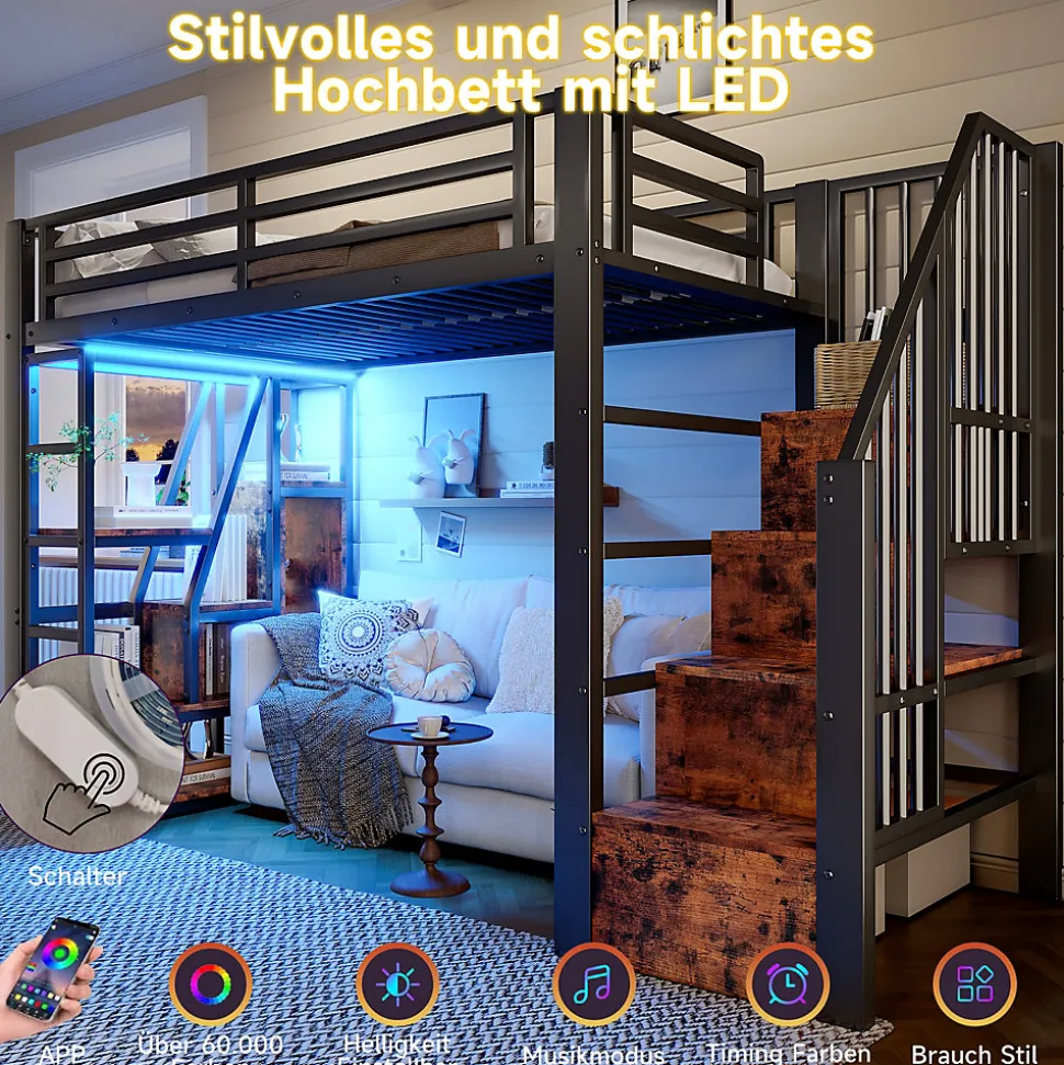 Lit Mezzanine 90x200 cm - Lit Ado Simple avec Escalier Intégré, LED et Rangement Sous le Lit - MDF et Métal - sans Matelas - Noir