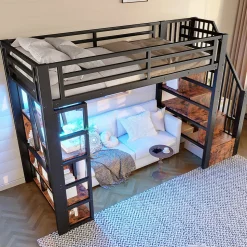 Lit Mezzanine 90x200 cm - Lit Ado Simple avec Escalier Intégré, LED et Rangement Sous le Lit - MDF et Métal - sans Matelas - Noir