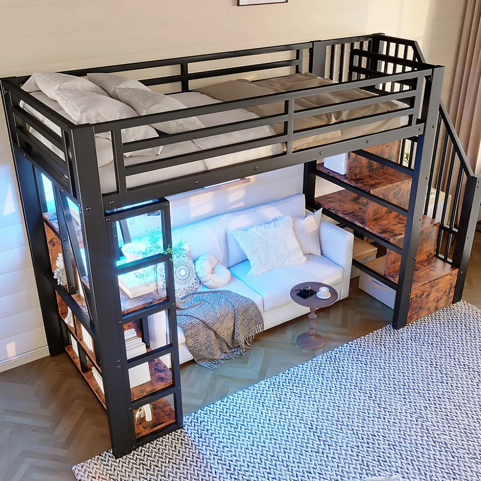 Lit Mezzanine 90x200 cm - Lit Ado Simple avec Escalier Intégré, LED et Rangement Sous le Lit - MDF et Métal - sans Matelas - Noir